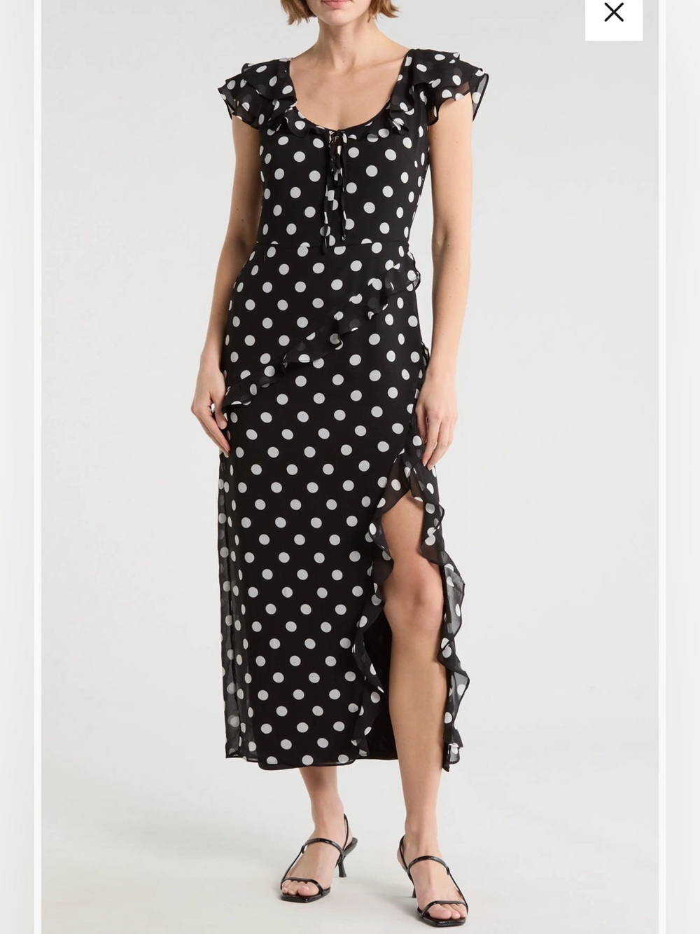 Wayf Black and White Polka Dot Ruffle V-Neck Midi Dress